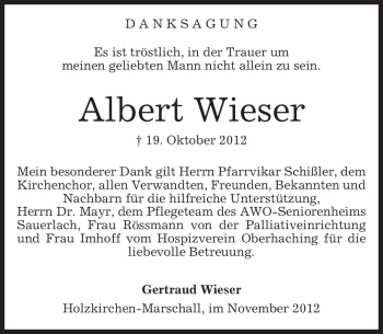 Traueranzeige von Albert Wieser von merkurtz