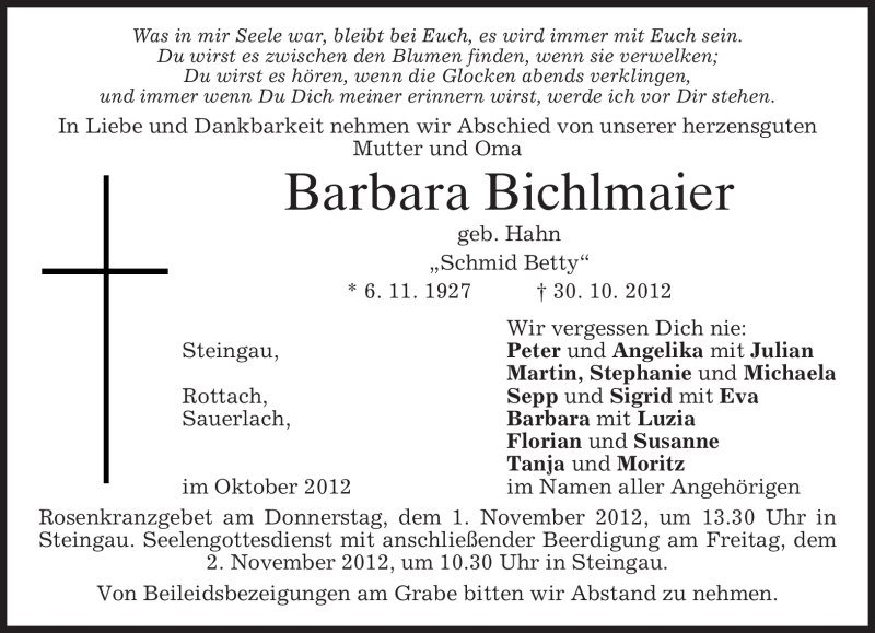  Traueranzeige für Barbara Bichlmaier vom 31.10.2012 aus merkurtz