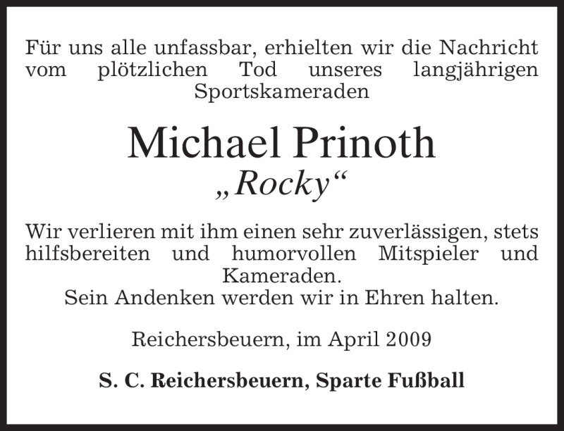  Traueranzeige für Michael Prinoth vom 16.04.2009 aus MERKUR & TZ