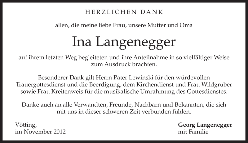  Traueranzeige für Ina Langenegger vom 03.11.2012 aus merkurtz