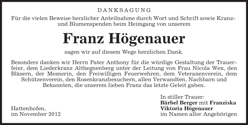  Traueranzeige für Franz Högenauer vom 03.11.2012 aus merkurtz