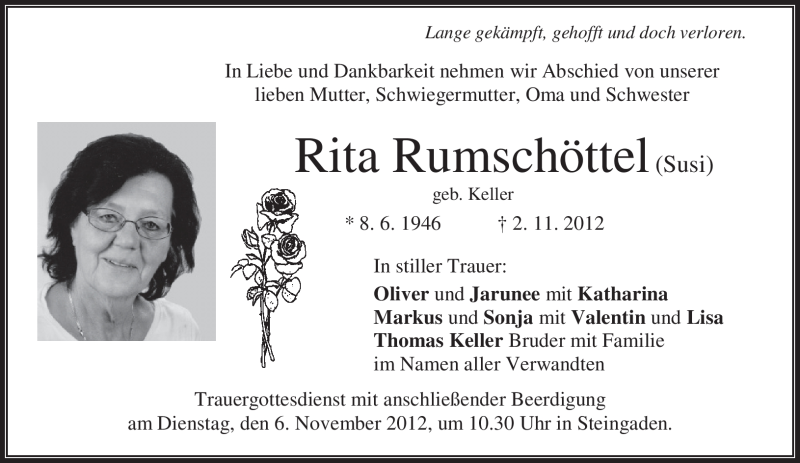  Traueranzeige für Rita Rumschöttel vom 05.11.2012 aus merkurtz