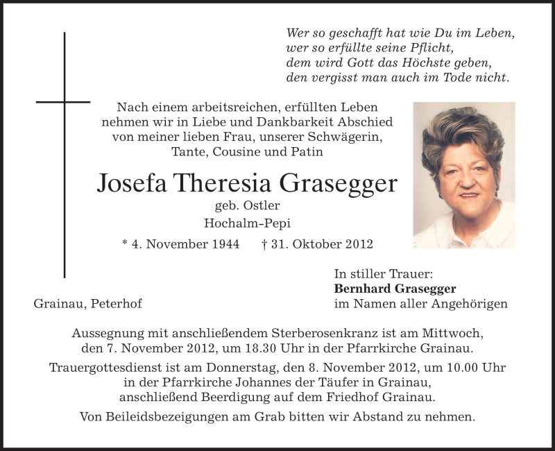  Traueranzeige für Josefa Theresia Grasegger vom 05.11.2012 aus merkurtz