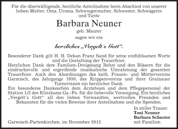 Traueranzeige von Barbara Neuner von merkurtz