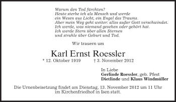 Traueranzeige von Karl Ernst Roessler von merkurtz