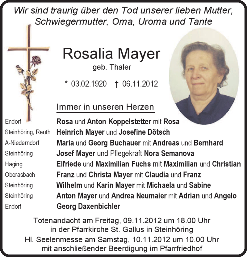  Traueranzeige für Rosalia Mayer vom 08.11.2012 aus merkurtz