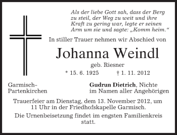 Traueranzeige von Johanna Weindl von merkurtz