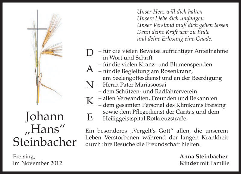  Traueranzeige für Johann Steinbacher vom 09.11.2012 aus merkurtz