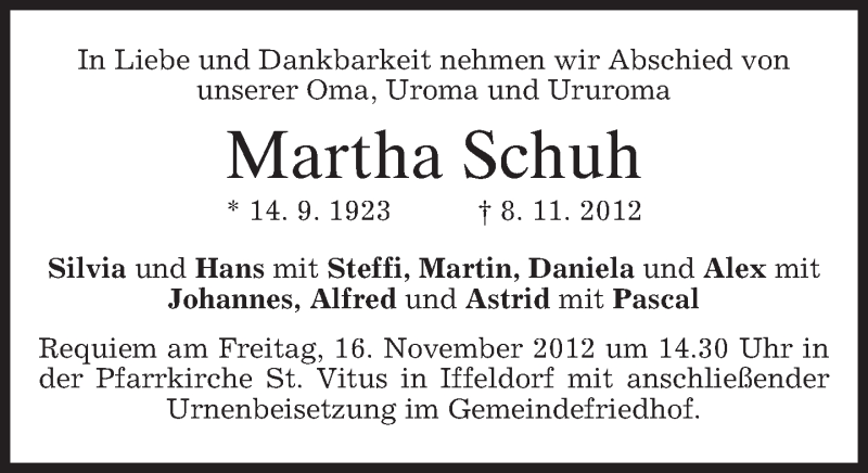  Traueranzeige für Martha Schuh vom 14.11.2012 aus merkurtz