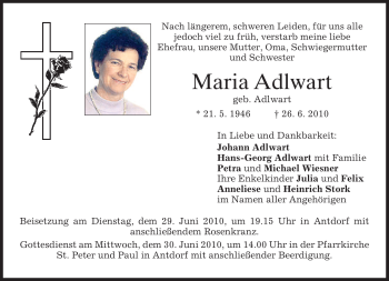 Traueranzeige von Maria Adlwart von MERKUR & TZ