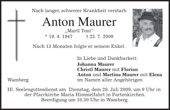 Traueranzeige von Anton Maurer von MERKUR & TZ