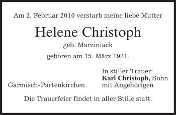 Traueranzeige von Helene Christoph von MERKUR & TZ