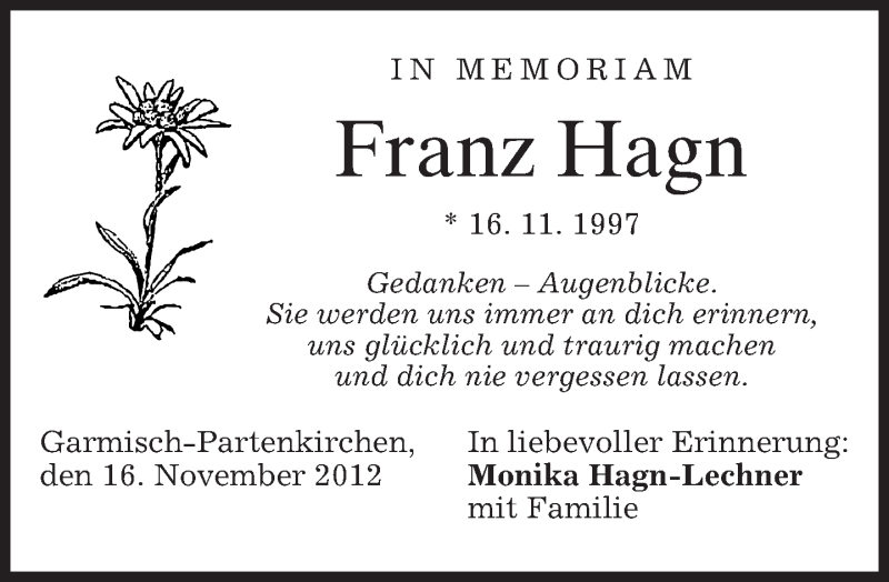  Traueranzeige für Franz Hagn vom 16.11.2012 aus merkurtz