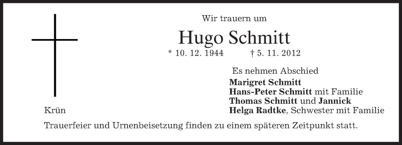  Traueranzeige für Hugo Schmitt vom 15.11.2012 aus merkurtz