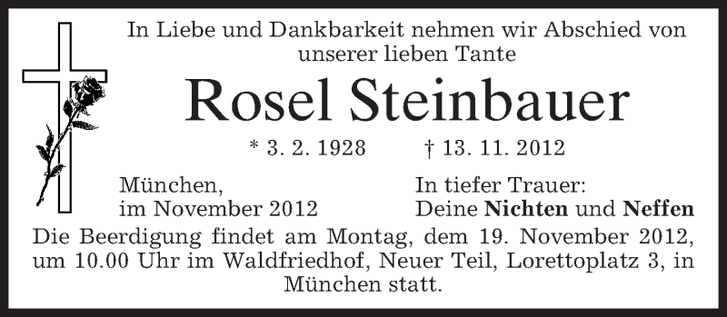  Traueranzeige für Rosel Steinbauer vom 16.11.2012 aus merkurtz