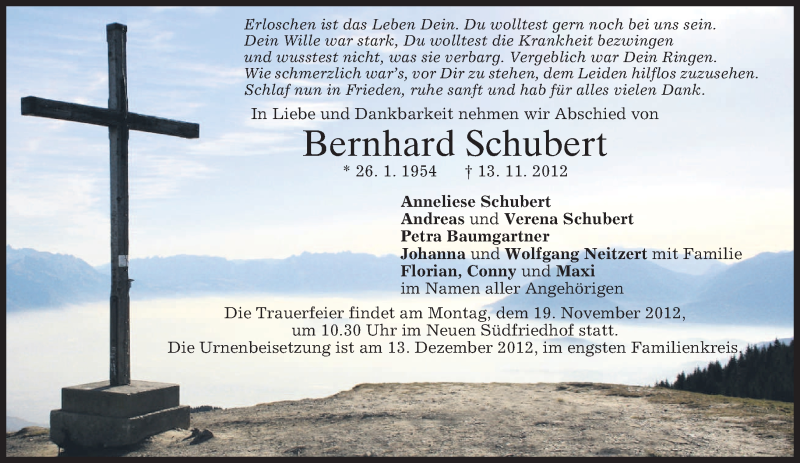  Traueranzeige für Bernhard Schubert vom 17.11.2012 aus merkurtz
