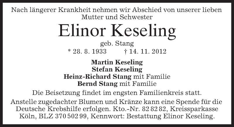  Traueranzeige für Elinor Keseling vom 17.11.2012 aus merkurtz