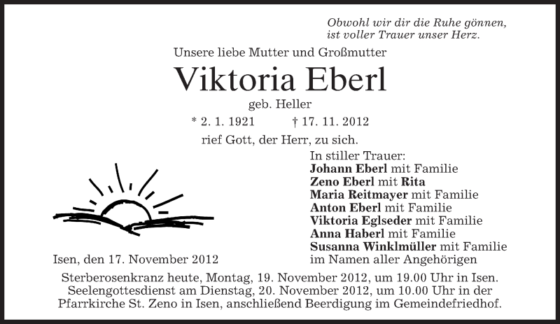  Traueranzeige für Viktoria Eberl vom 19.11.2012 aus merkurtz