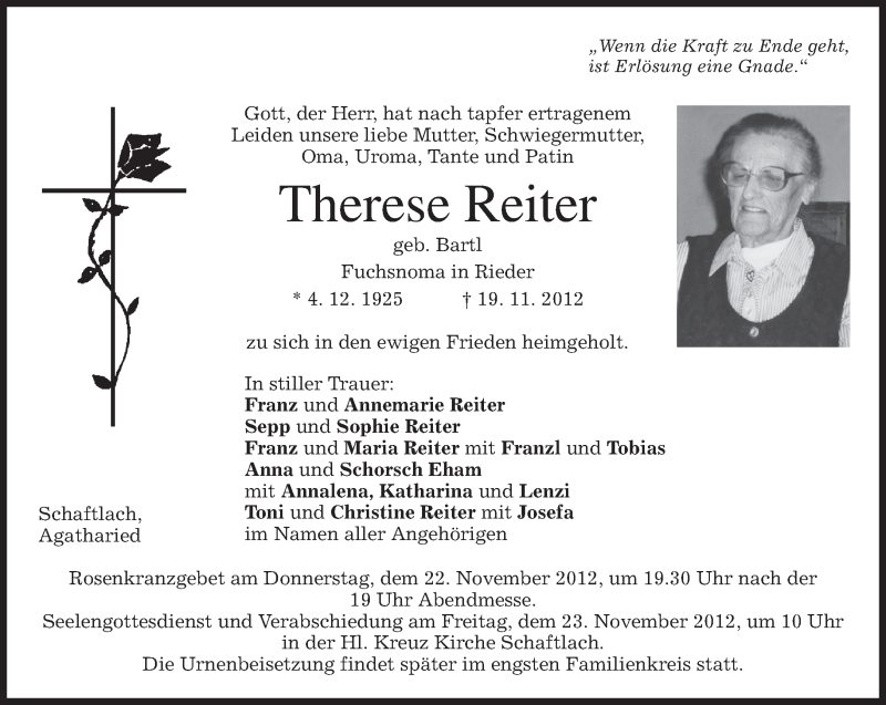 Traueranzeigen Von Therese Reiter | Trauer.merkur.de