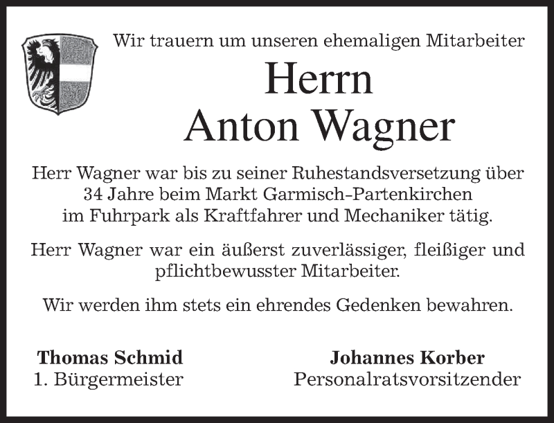  Traueranzeige für Anton Wagner vom 22.11.2012 aus merkurtz