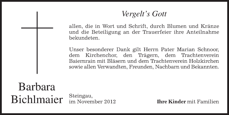  Traueranzeige für Barbara Bichlmaier vom 24.11.2012 aus merkurtz