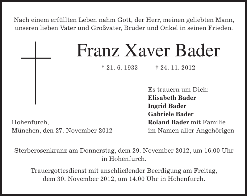 Traueranzeigen von Franz Xaver Bader | trauer.merkur.de