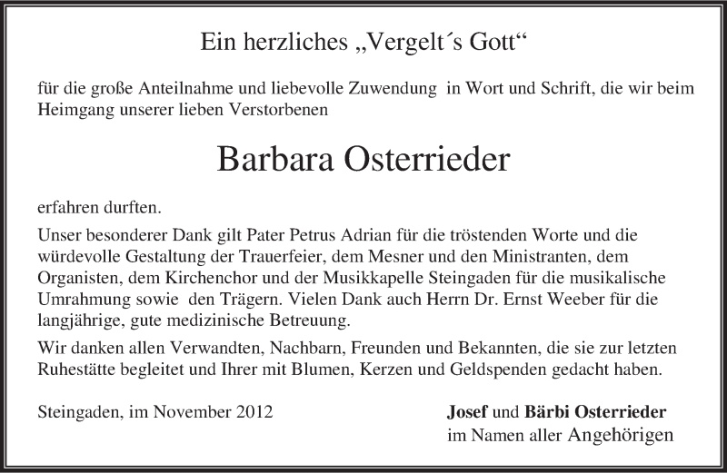  Traueranzeige für Barbara Osterrieder vom 27.11.2012 aus merkurtz