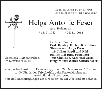 Traueranzeige von Helga Antonie Feser von merkurtz