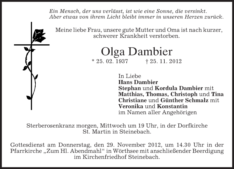  Traueranzeige für Olga Dambier vom 27.11.2012 aus merkurtz