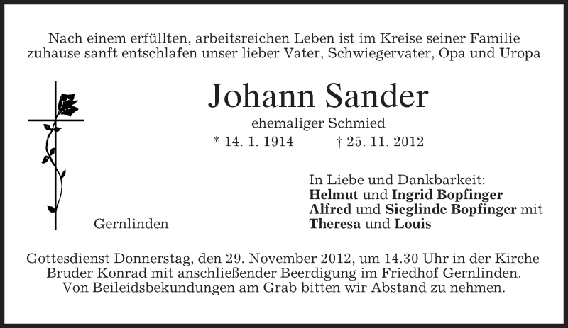  Traueranzeige für Johann Sander vom 27.11.2012 aus merkurtz