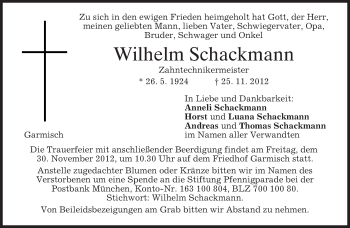 Traueranzeige von Wilhelm Schackmann von merkurtz