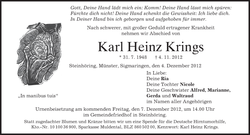  Traueranzeige für Karl Heinz Krings vom 01.12.2012 aus merkurtz