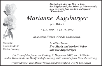 Traueranzeige von Marianne Augsburger von merkurtz