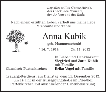 Traueranzeige von Anna Kubik von merkurtz