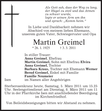 Traueranzeige von Martin Greimel von MERKUR & TZ