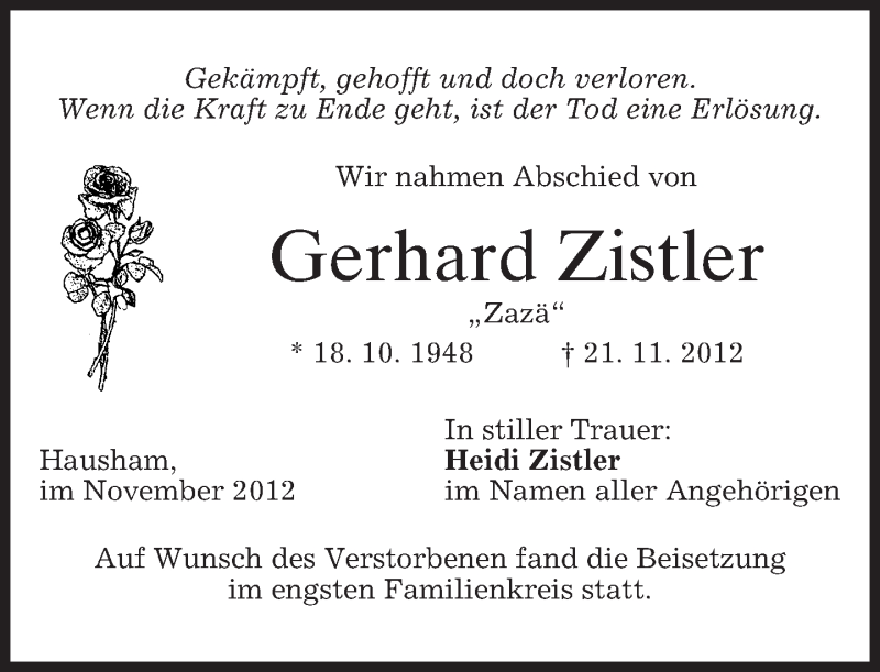  Traueranzeige für Gerhard Zistler vom 08.12.2012 aus merkurtz
