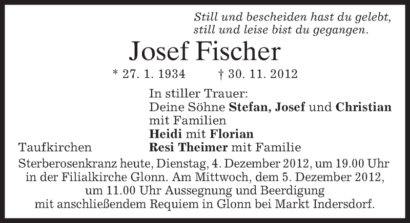  Traueranzeige für Josef Fischer vom 04.12.2012 aus merkurtz