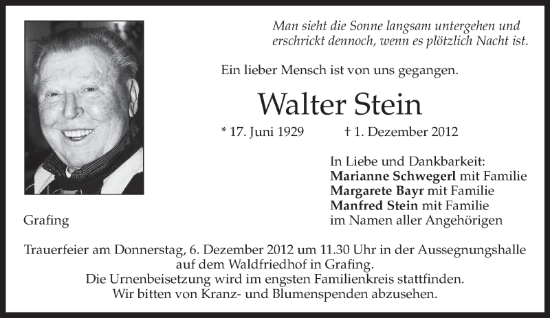  Traueranzeige für Walter Stein vom 04.12.2012 aus merkurtz