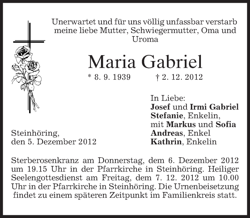  Traueranzeige für Maria Gabriel vom 05.12.2012 aus merkurtz