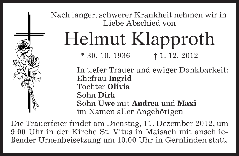  Traueranzeige für Helmut Klapproth vom 08.12.2012 aus merkurtz