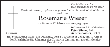 Traueranzeige von Rosemarie Wieser von merkurtz