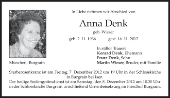 Traueranzeige von Anna Denk von merkurtz