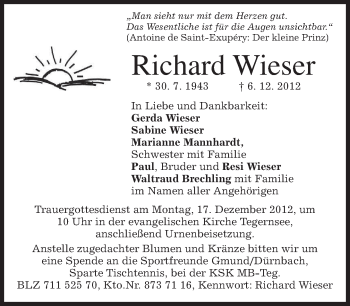 Traueranzeige von Richard Wieser von merkurtz