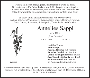 Traueranzeige von Annelies Sappl von merkurtz