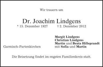 Traueranzeige von Joachim Lindgens von merkurtz