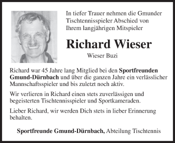 Traueranzeige von Richard Wieser von merkurtz