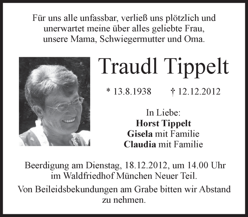  Traueranzeige für Traudl Tippelt vom 15.12.2012 aus merkurtz