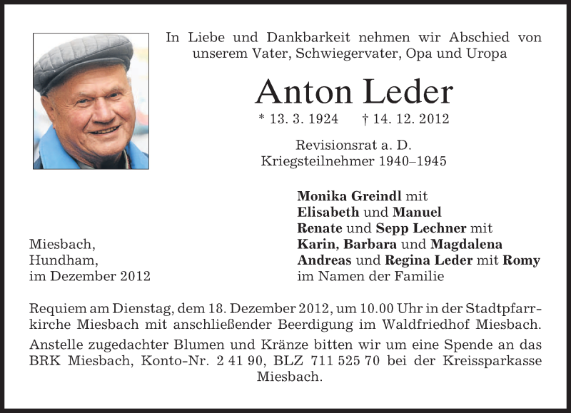  Traueranzeige für Anton Leder vom 17.12.2012 aus merkurtz