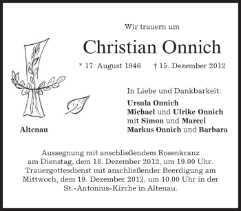 Traueranzeige von Christian Onnich von merkurtz