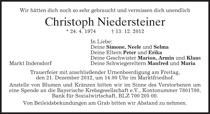  Traueranzeige für Christoph Niedersteiner vom 18.12.2012 aus merkurtz